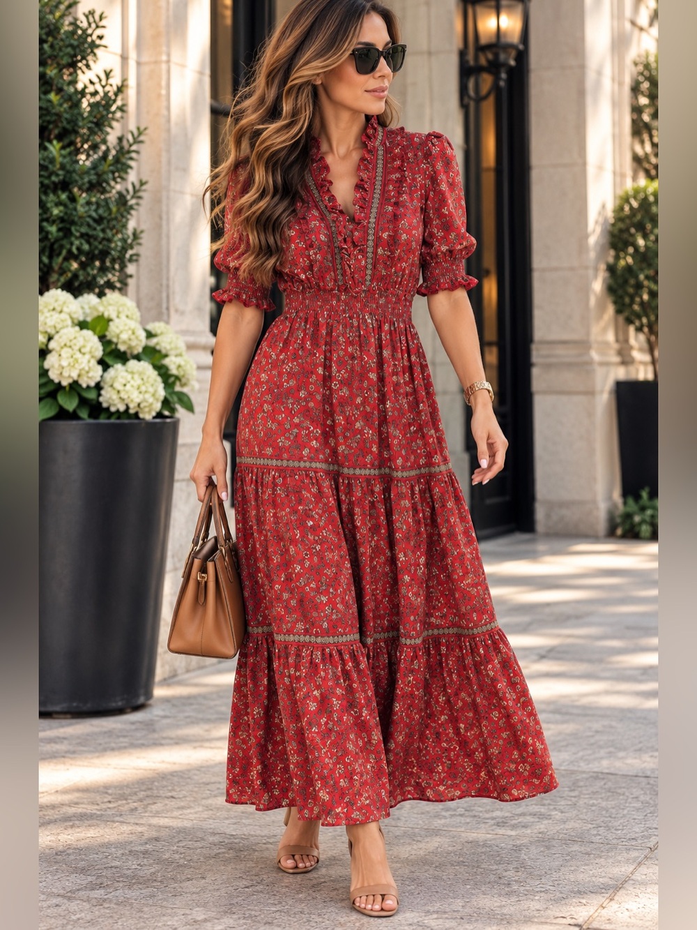 Max Studio Red Floral Boho Maxi Dress Size L